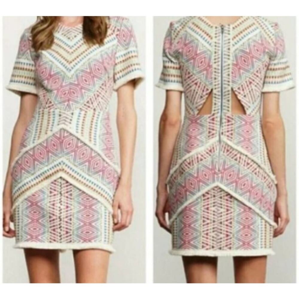 Adelyn Rae Colorful Jacquard Fringed Sheath Dress sz M